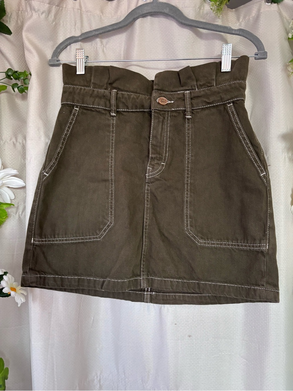 Free People Olive Green Cargo Style Mini Skirt with Contrast Topstitching-Size 6